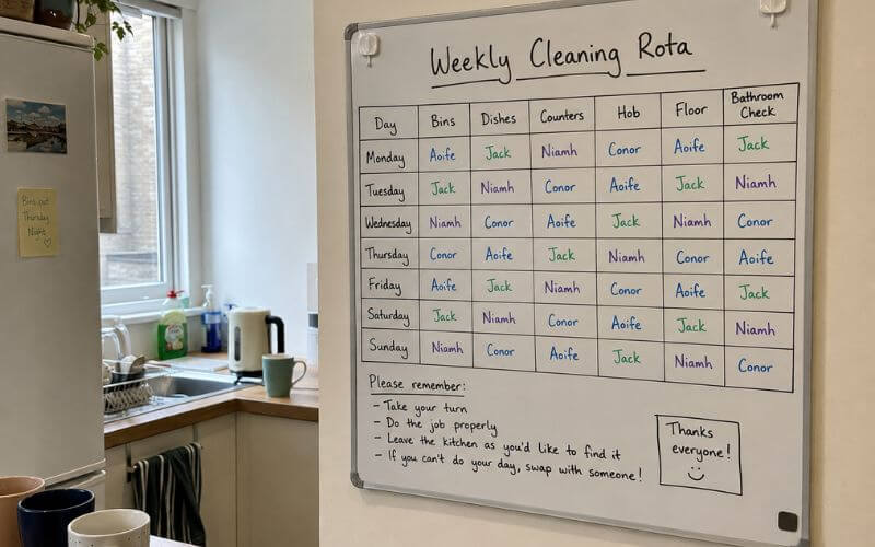 Housemates in a shared Dublin kitchen keeping the space clean and tidy