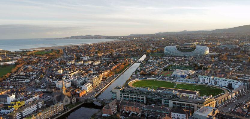 View of Dublin, suburubs where emop cleaners work and stadium,